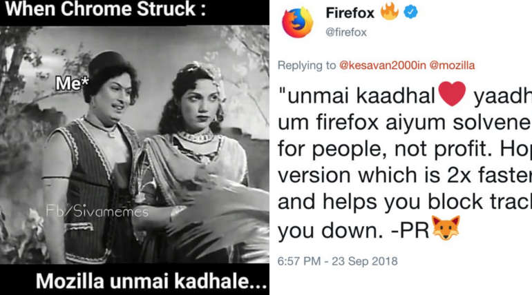 தன்னுடைய விருப்பமான வாடிக்கையாளரின் தமிழ் மீம்ஸ்க்கு தமிழ் பாடல் மூலமே பயர்பாக்ஸ் பதிலளித்துள்ளது.